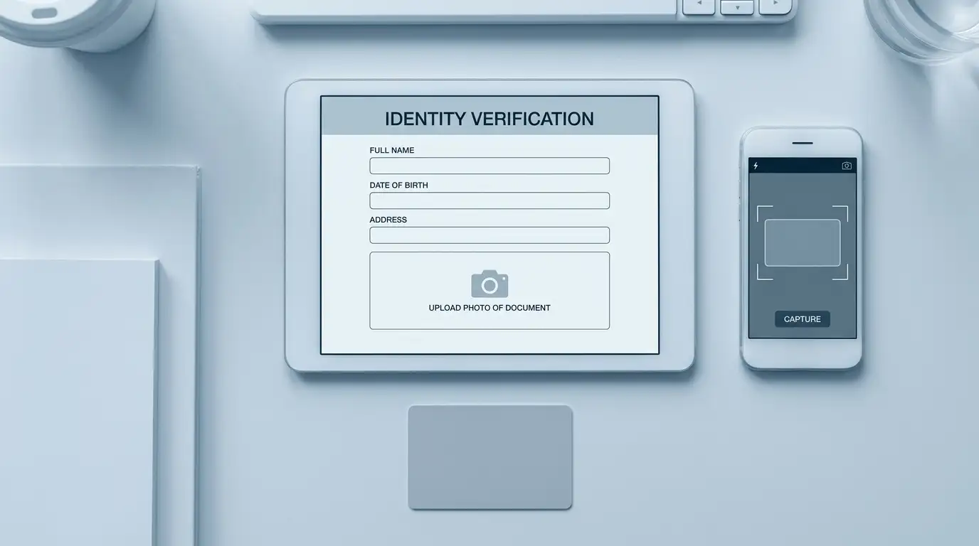 Blank identity verification form on a screen next to a smartphone showing an upload prompt