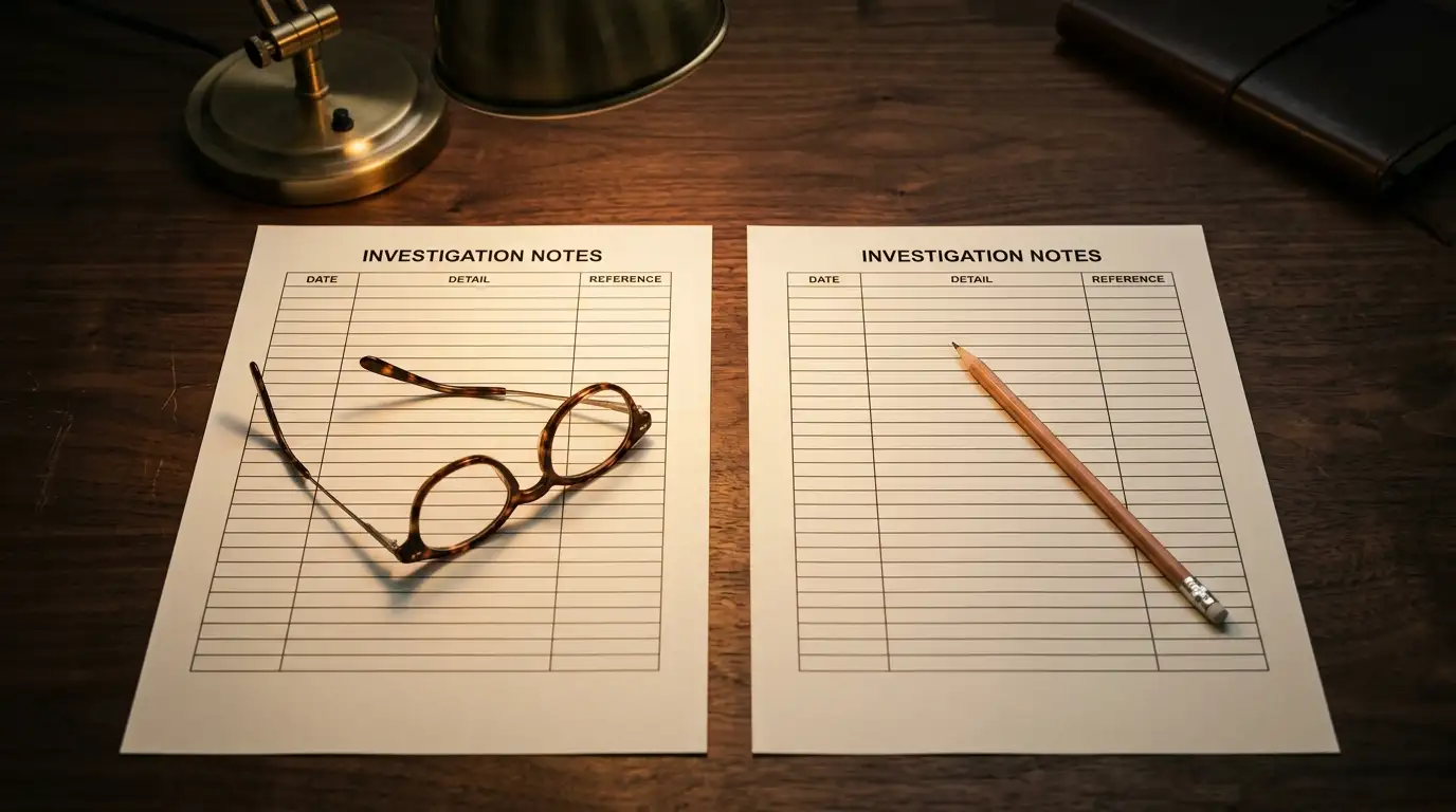 Desk with two printed casino listings being compared side by side under a lamp