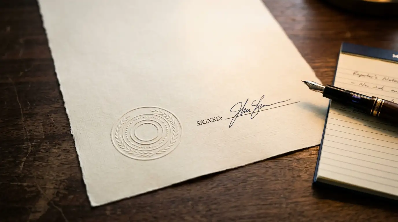 Neutral licence document with an official stamp lying on a desk beside a notepad