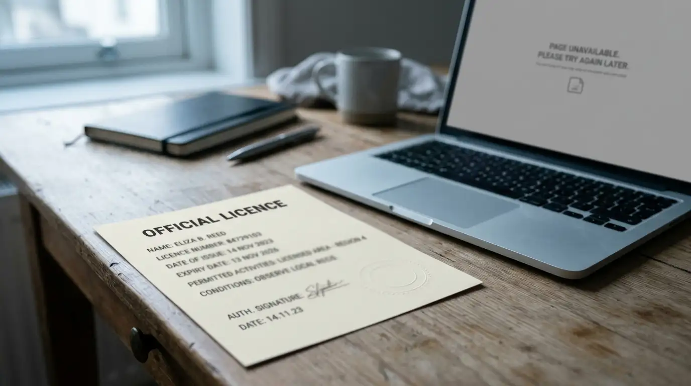 Unbranded licence document beside a laptop showing a blocked page notice