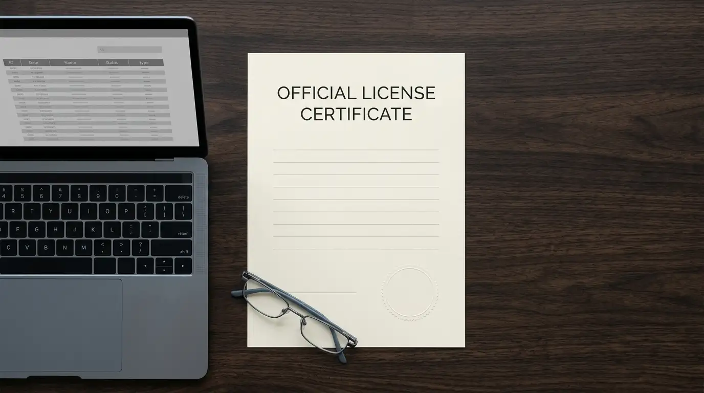 Neutral licence document on a desk beside an open register page