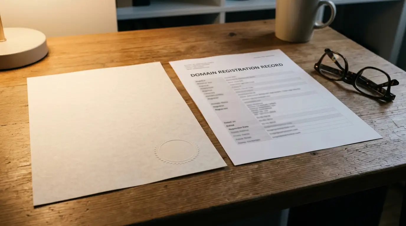Neutral licence document on a desk beside a domain registration printout