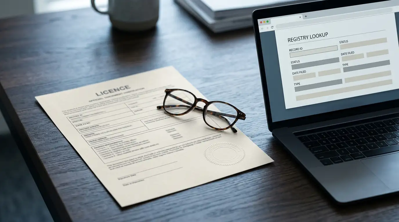 Neutral gaming licence document with an unbranded stamp on a desk beside a laptop