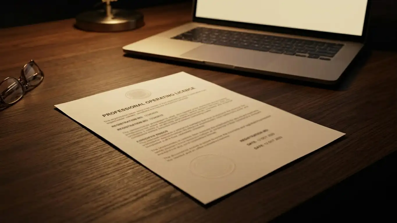 Plain licence document on a desk beside an open laptop, no crest or emblem visible
