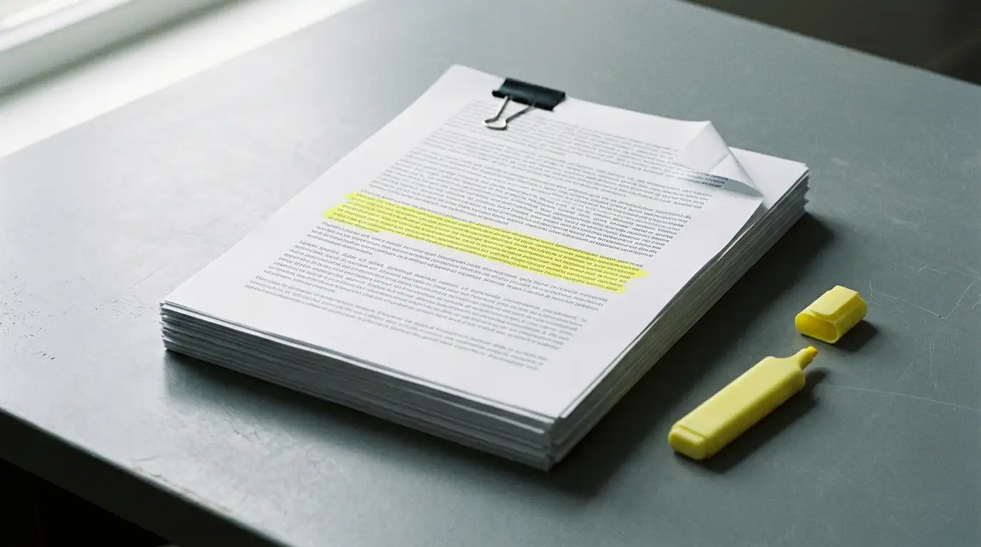 Desk with a stack of printed terms and conditions documents and a marked-up page