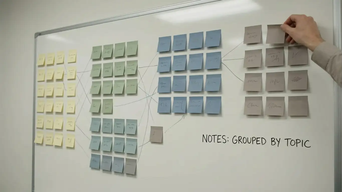 Board of sticky notes arranged in four groups joined by drawn lines