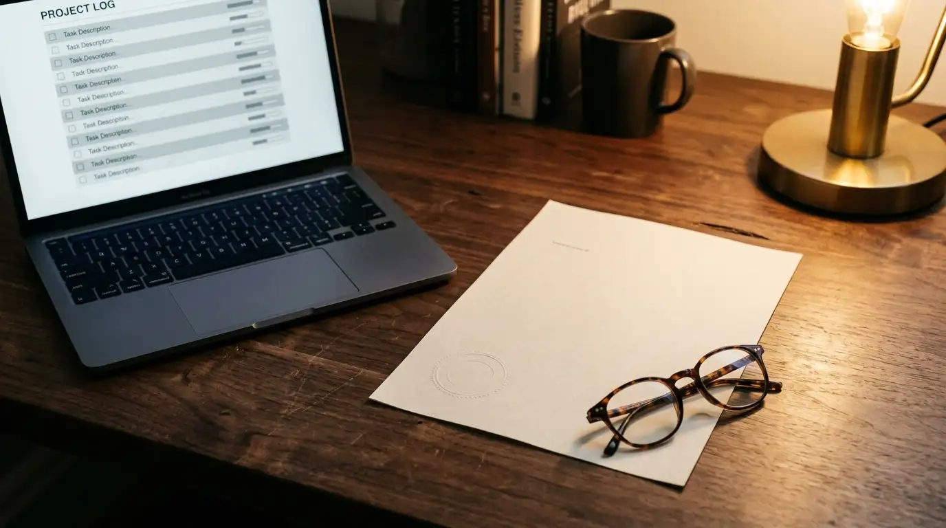 Neutral licensing document on a desk beside an open register of licensed services on a laptop