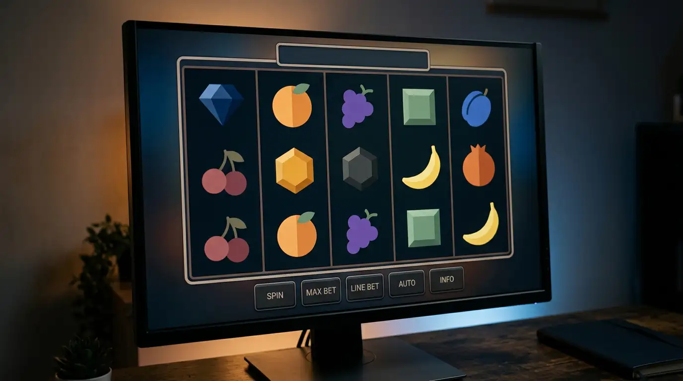 Generic pokie reels on a screen showing symbols without branding