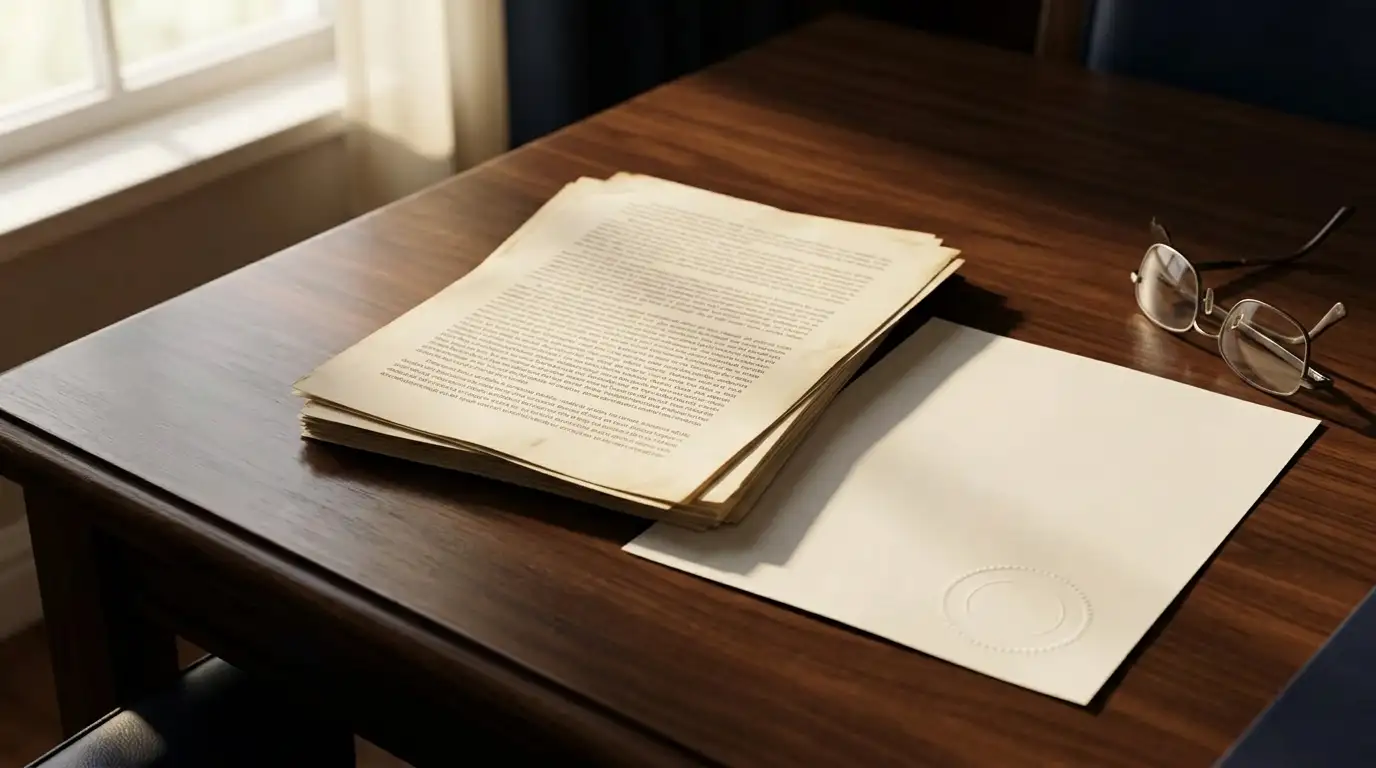 Printed legislation pages and a plain licence certificate without insignia on a wooden table
