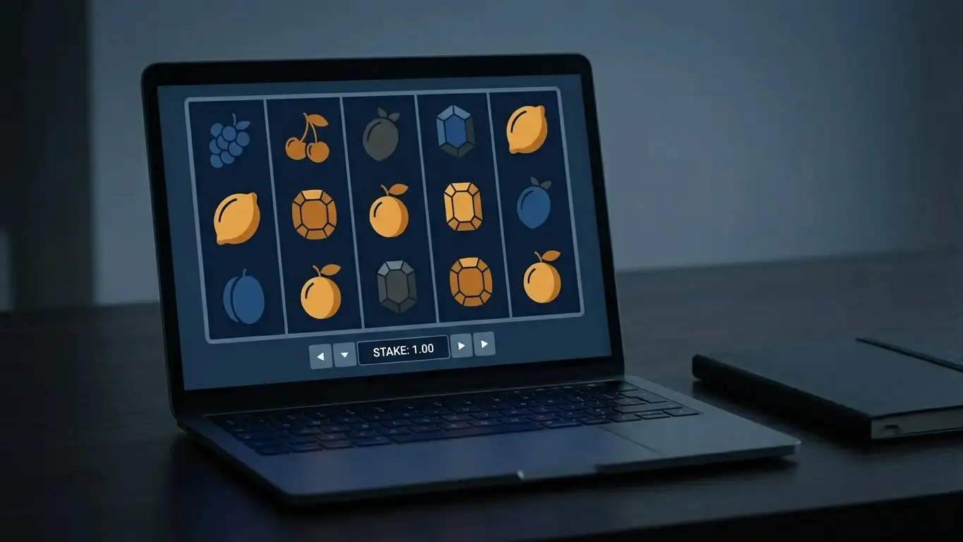 Generic pokies reels on a laptop screen with the spin value set to the minimum