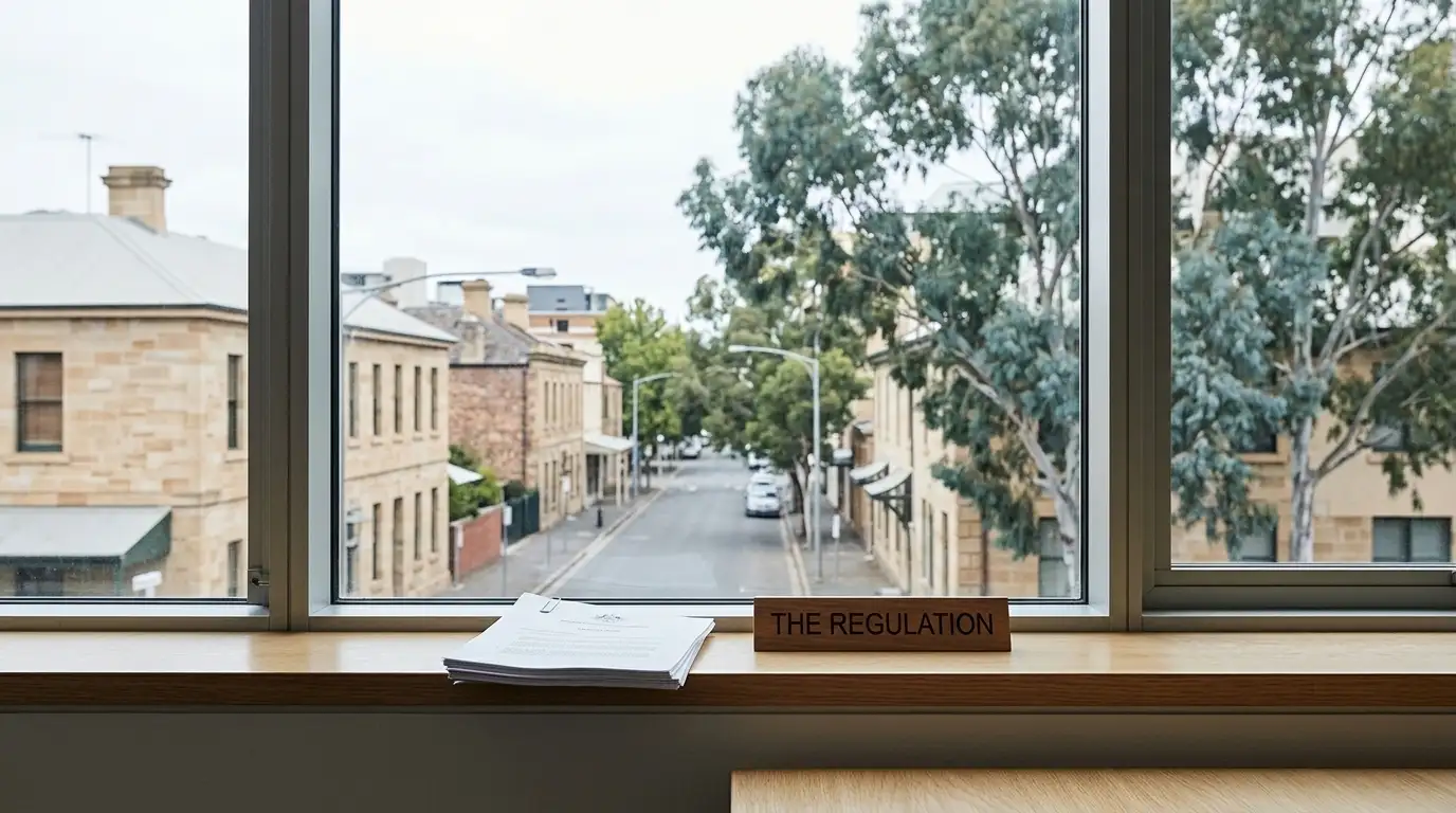 Australian city street view through an office window with legislation papers on the sill