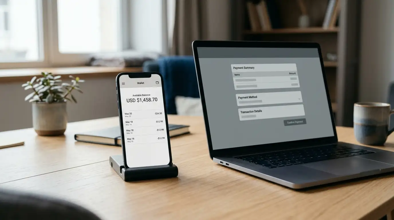 Digital wallet app on a phone beside a laptop showing an online pokies cashier page