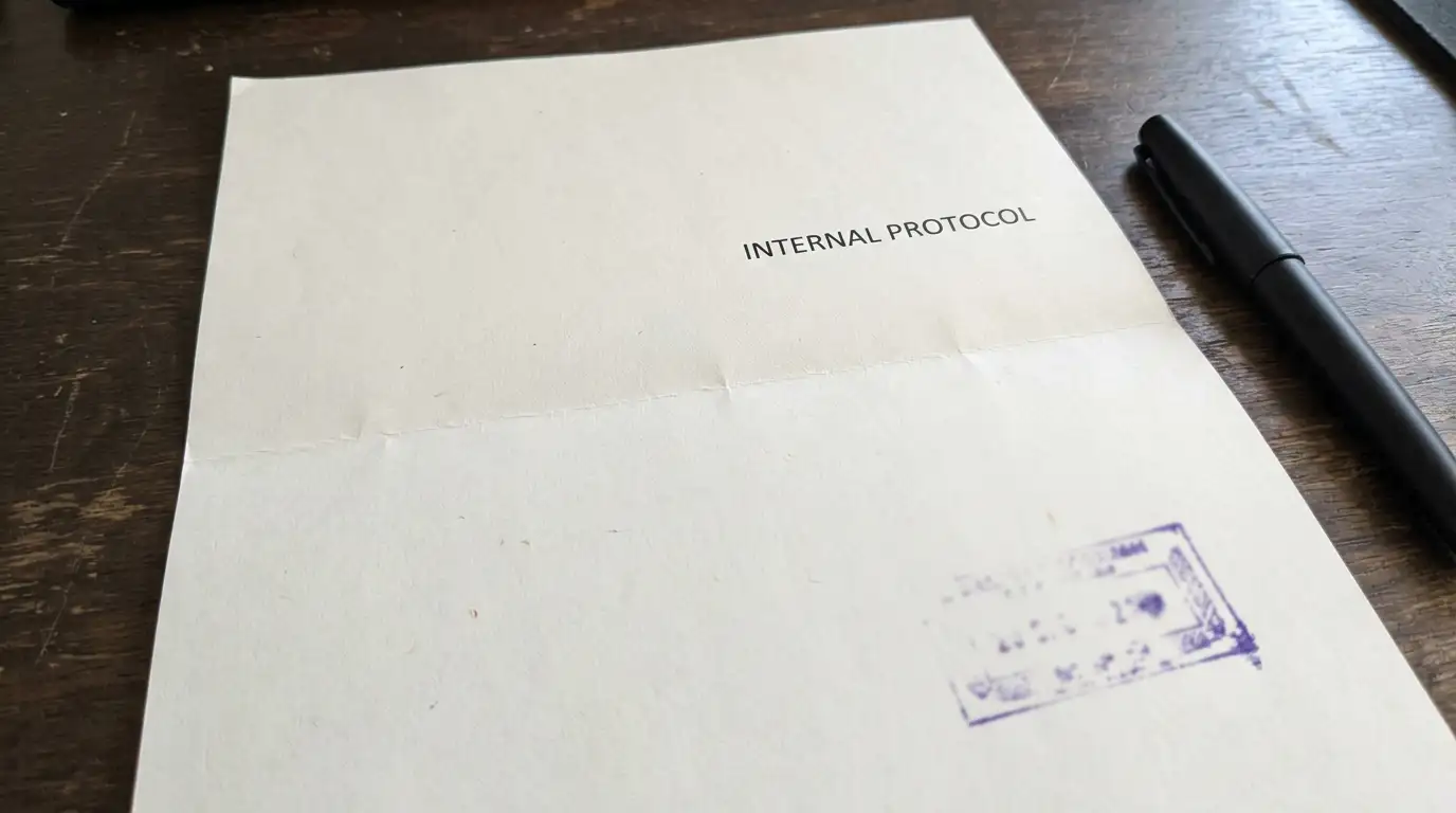 Plain stamped regulatory document on a desk with no crest or emblem visible