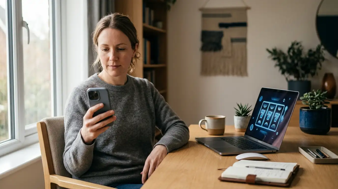 Australian player checking a PayID transfer on a phone beside a laptop showing online pokies reels
