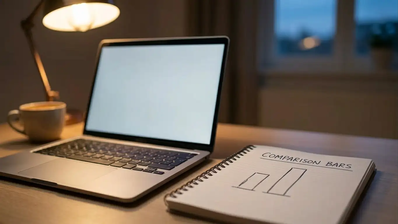 Laptop open beside a notebook comparing online pokie returns with club machine minimums
