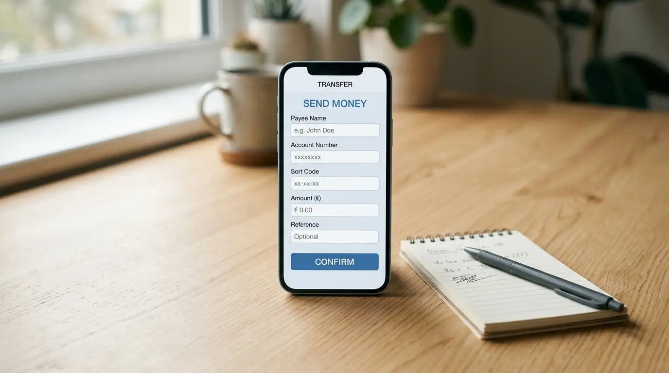 Smartphone showing a neutral banking transfer interface beside a notepad