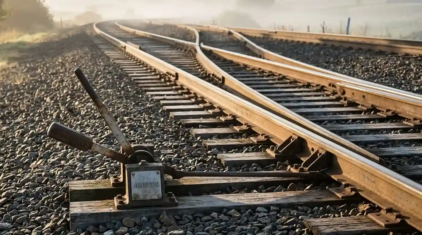 Railway points switching between two tracks under morning light
