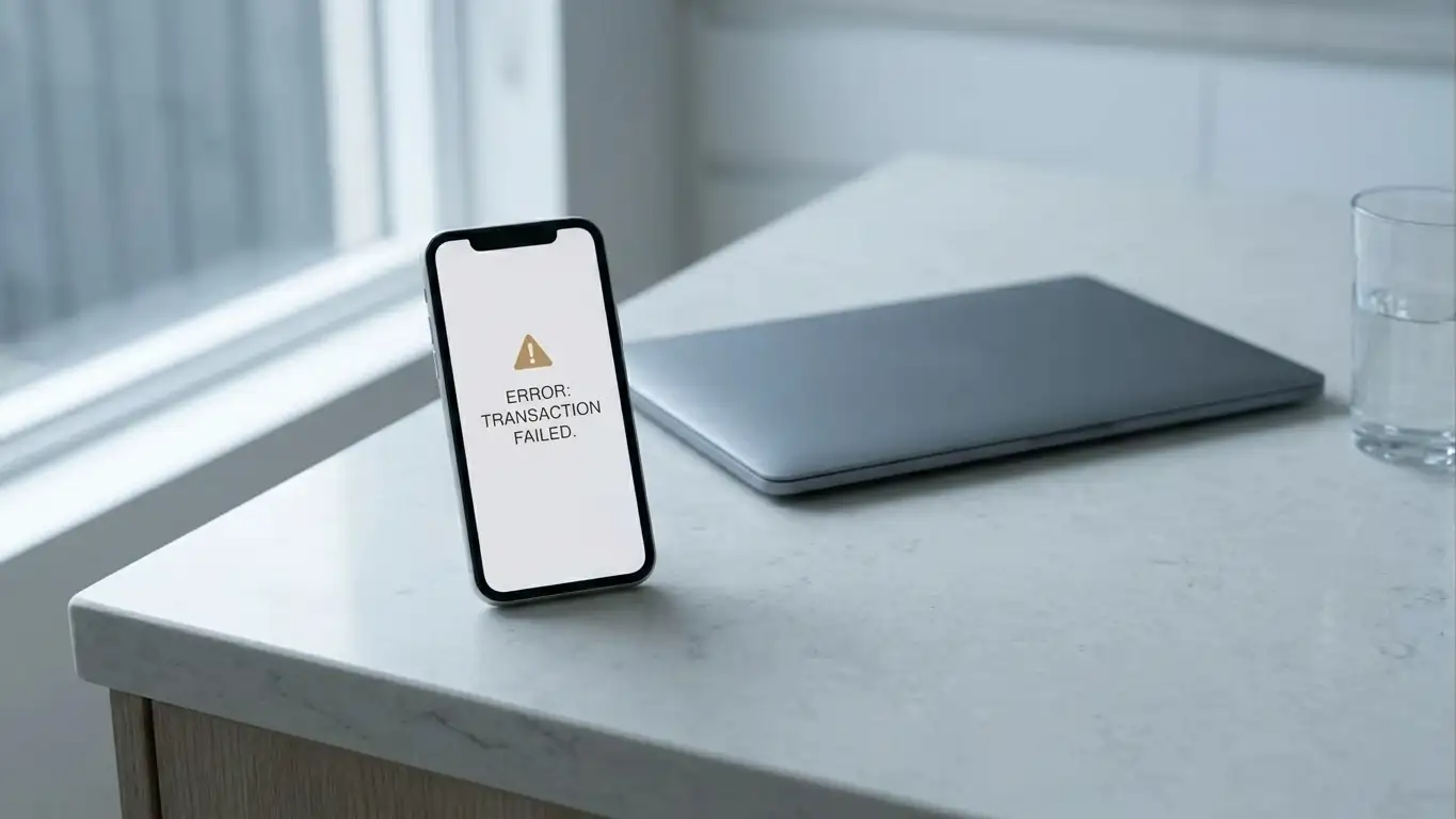 Declined transaction notice on a phone screen beside a closed laptop on a kitchen bench