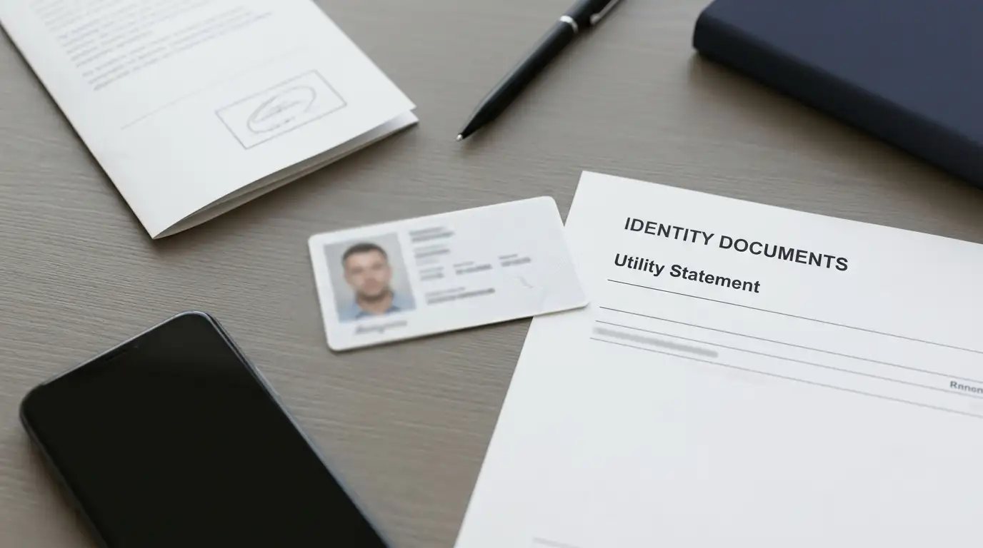 Identity document and proof of address prepared for casino verification on a desk