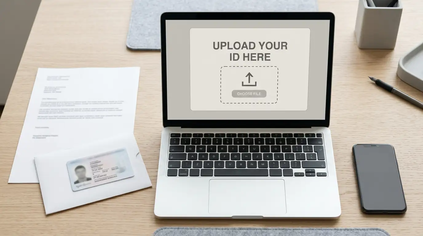 Identity document and utility bill laid out beside a laptop for verification