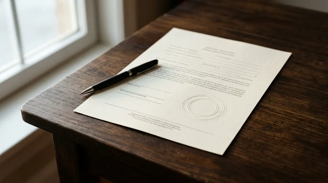 Plain licence document with an official stamp on a desk in daylight