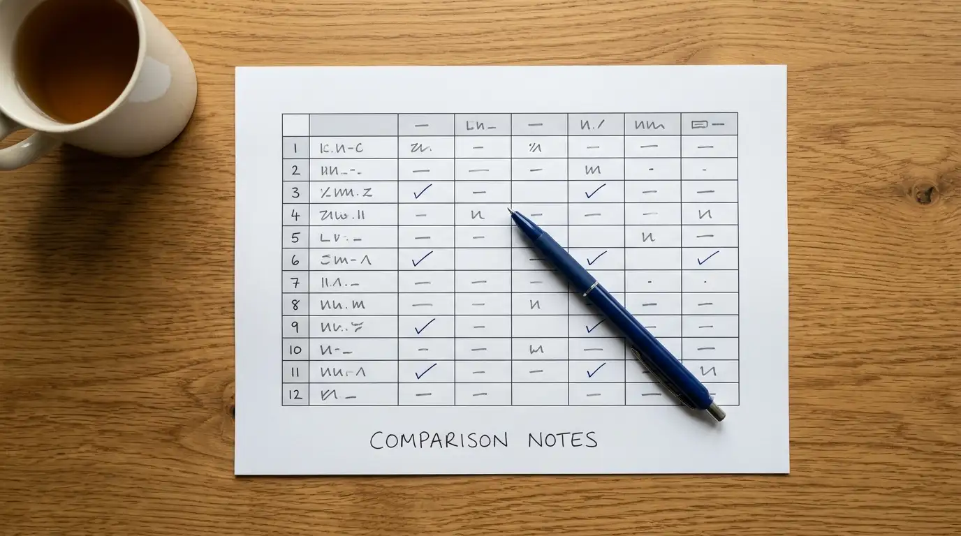 Printed comparison sheet of casino payout methods on a desk