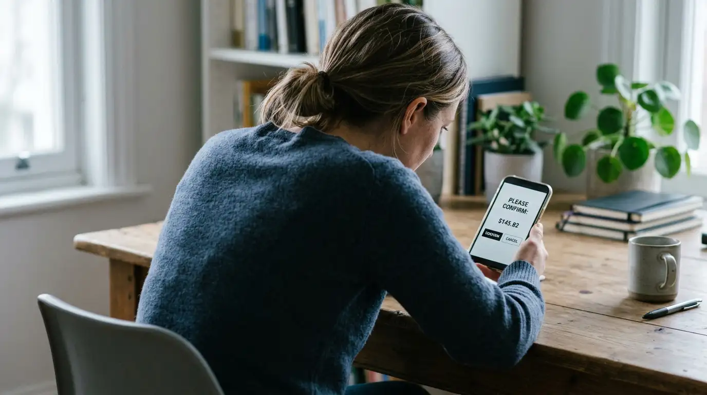 Person reading a payee name confirmation screen closely on a phone at a desk