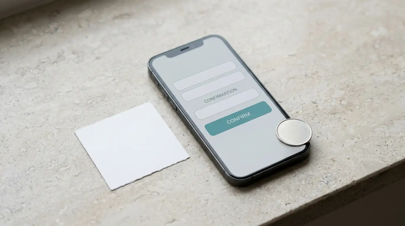 Smartphone showing a neutral payment transfer interface next to a prepaid voucher slip