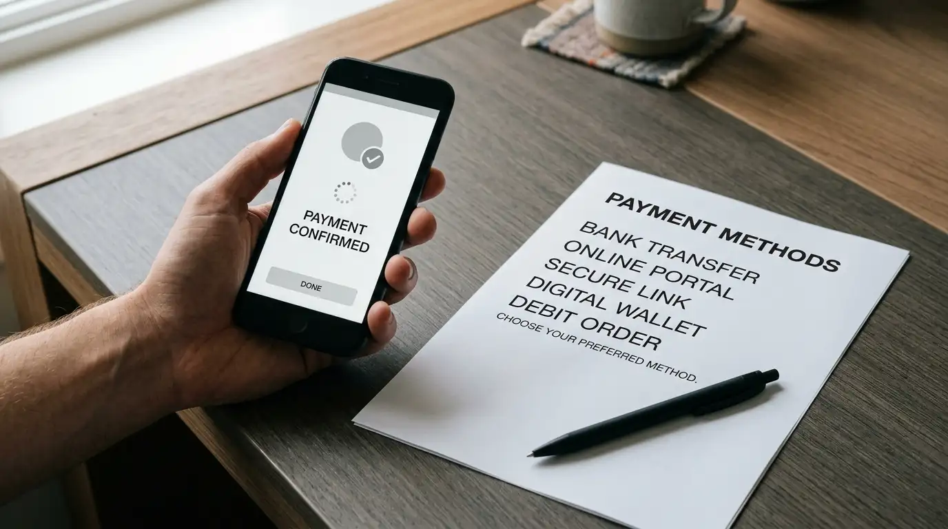 Phone showing a PayID transfer confirmation next to a printed list of payment methods