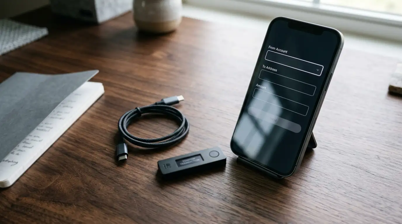 Smartphone showing a neutral banking transfer screen next to a hardware wallet on a desk