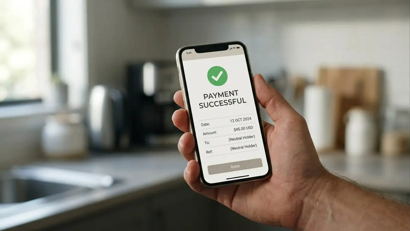 Hand holding a phone with a banking app open on a payment confirmation screen