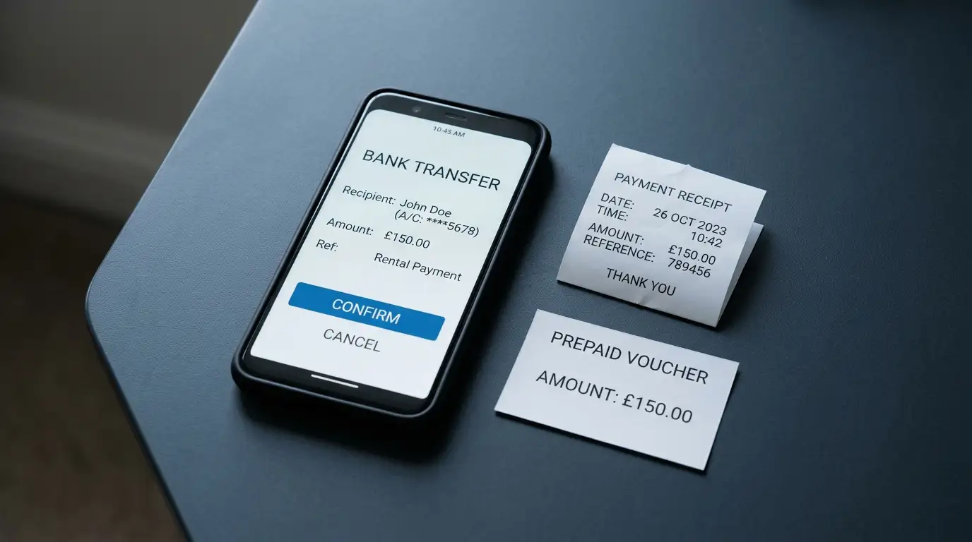 Smartphone banking app open beside a prepaid voucher receipt on a desk