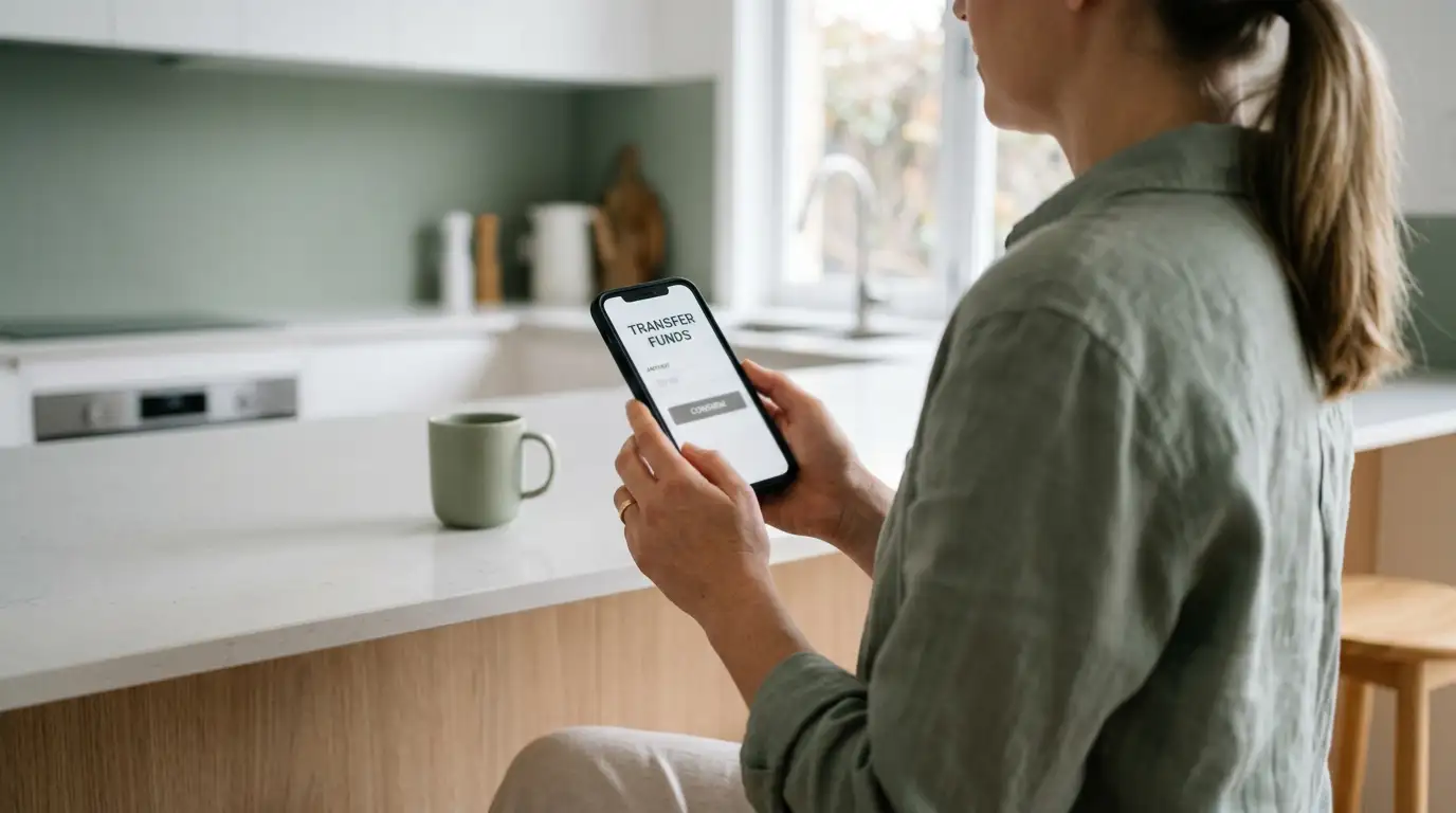 Person confirming a transfer on a phone showing a neutral banking interface with an email identifier field