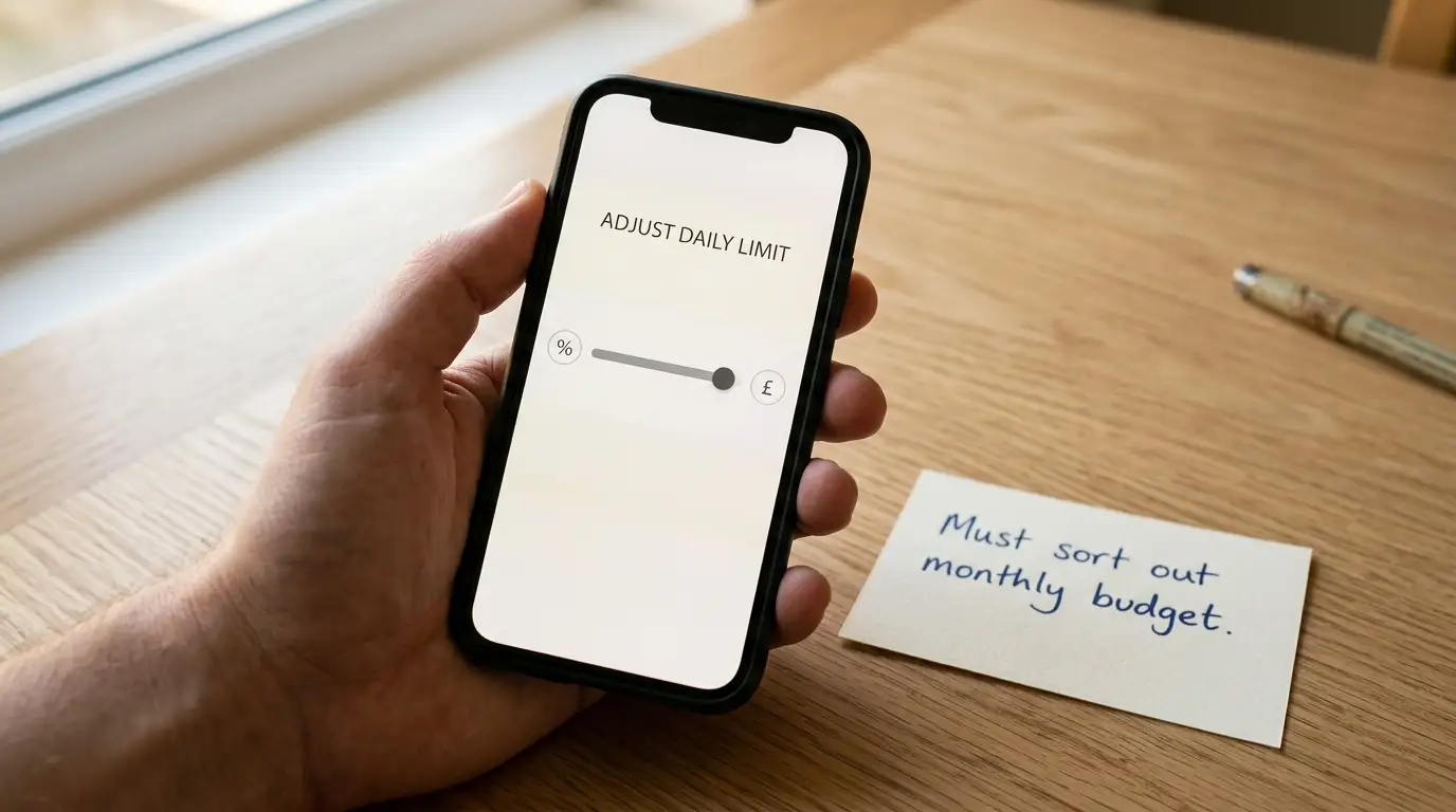 Hand holding a phone showing a bank transfer limit screen beside a written note