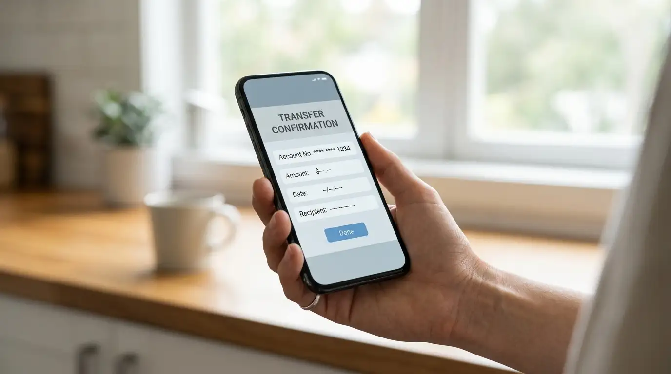 Hand holding a smartphone showing a neutral banking transfer screen at a kitchen bench