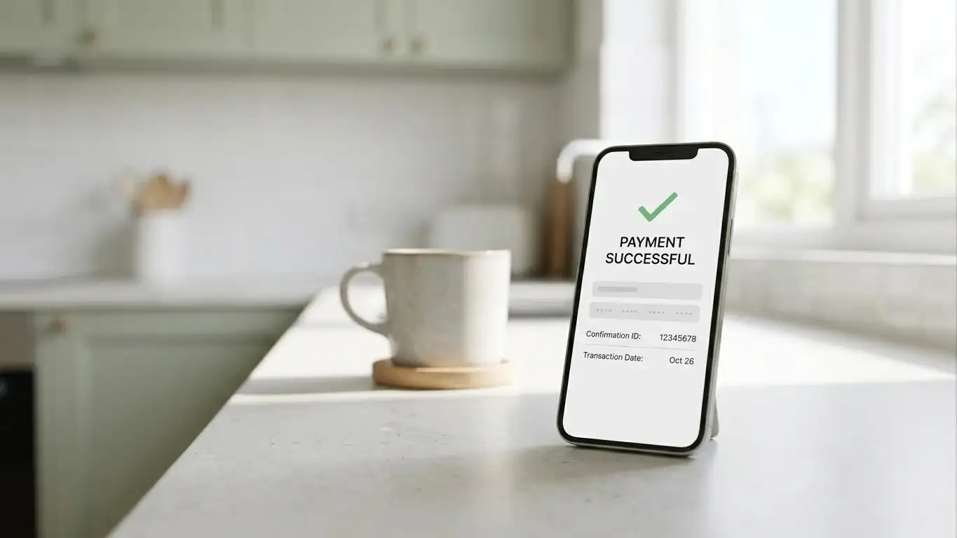 Smartphone showing an Australian bank transfer confirmation screen on a kitchen bench