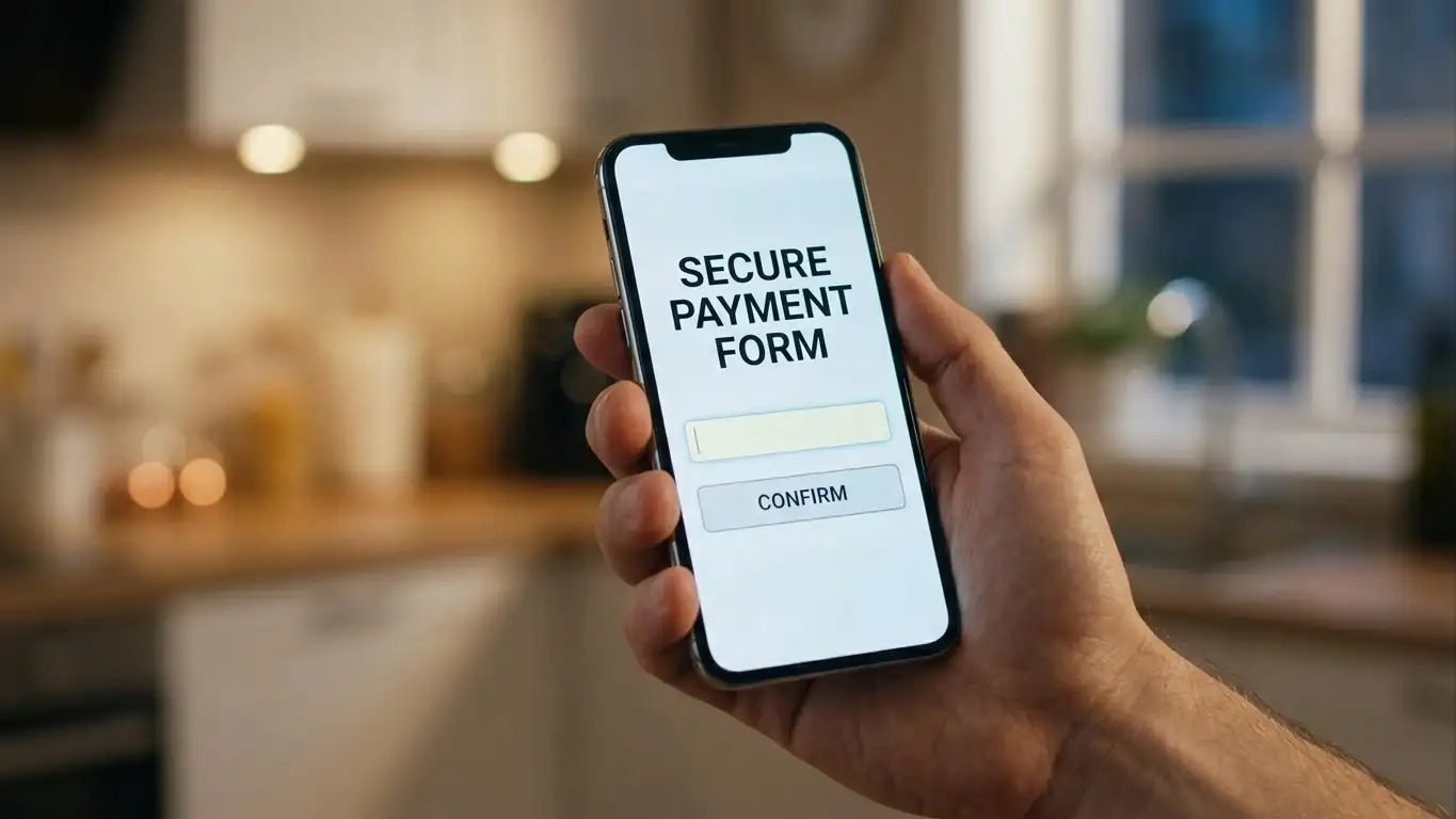 Hand holding a phone with a payment confirmation screen showing a reference code field
