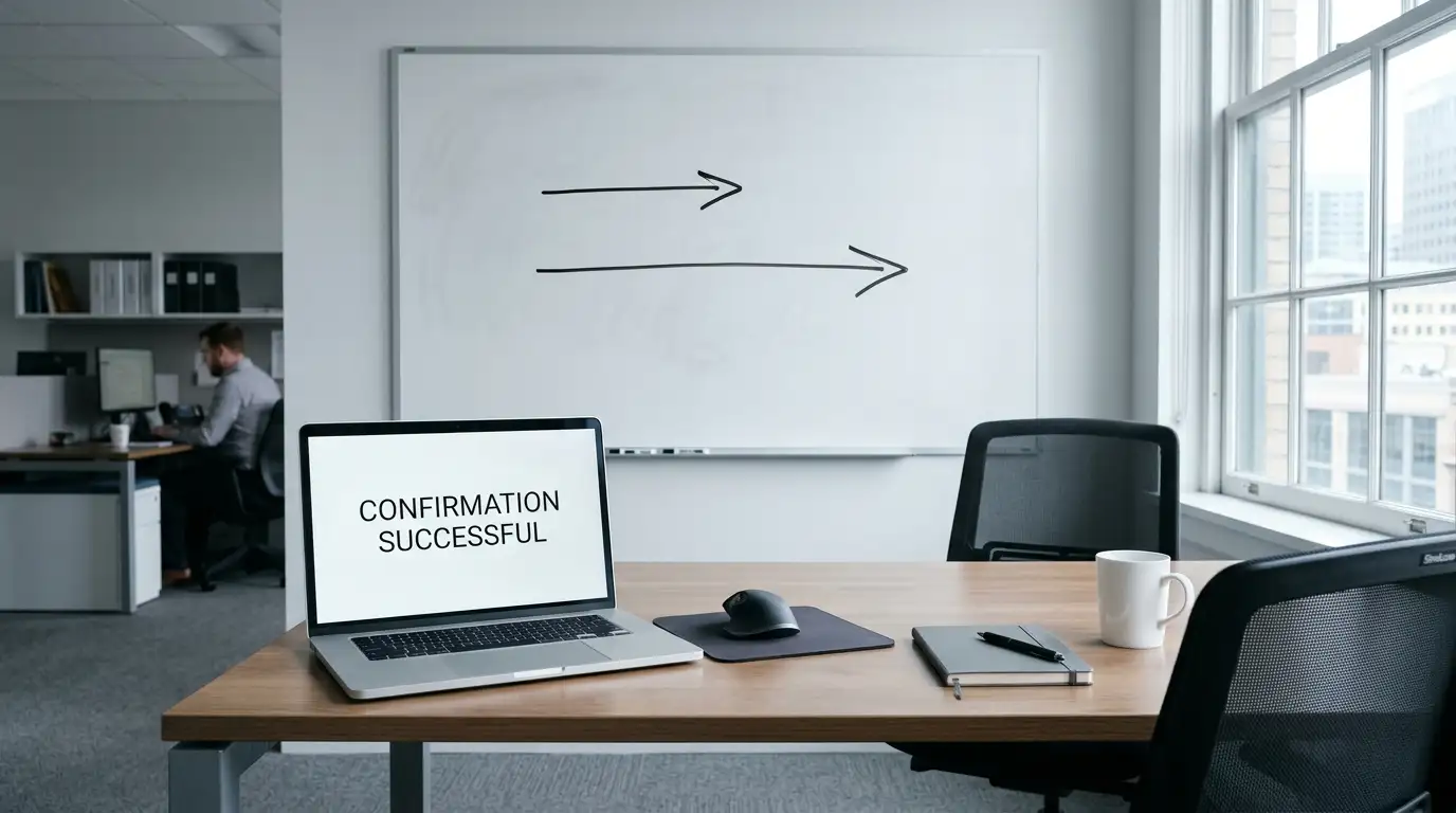 Two arrows of unequal length drawn on a whiteboard beside a laptop showing a payout screen