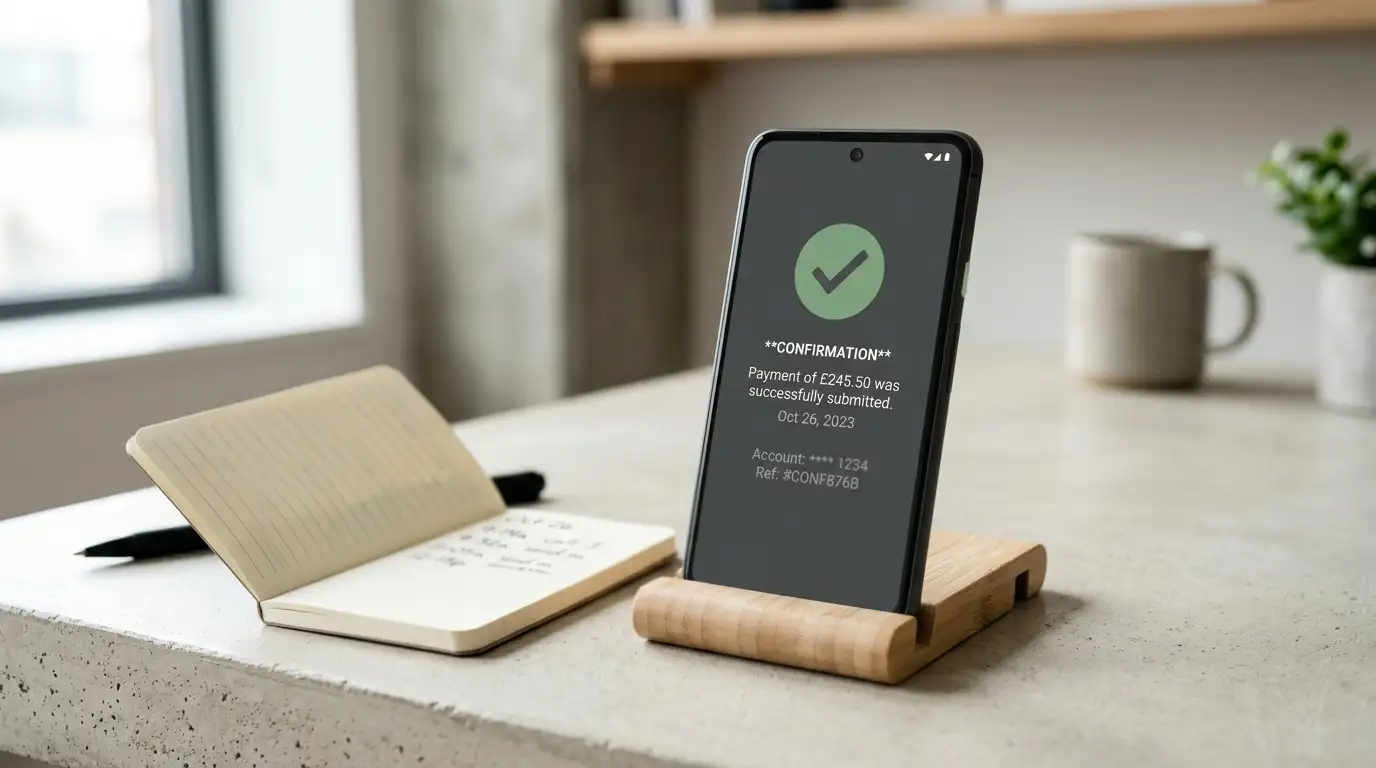 Smartphone showing an instant bank transfer confirmation beside a notepad of payout timings