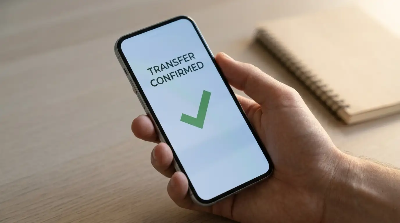 Smartphone showing a neutral instant transfer confirmation screen held over a desk