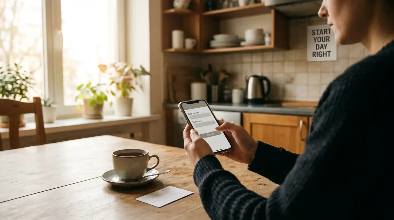 Person at a kitchen table using a banking app on a phone next to a paper voucher