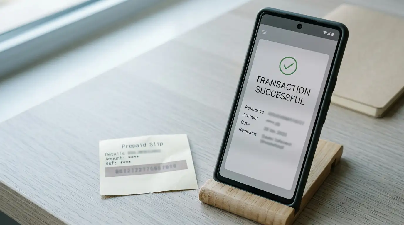 Smartphone showing a neutral banking transfer screen next to a prepaid voucher slip
