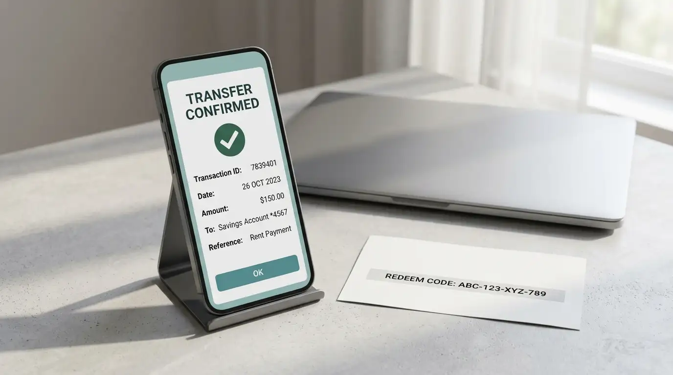 Smartphone showing a PayID transfer confirmation screen beside a prepaid voucher on a desk
