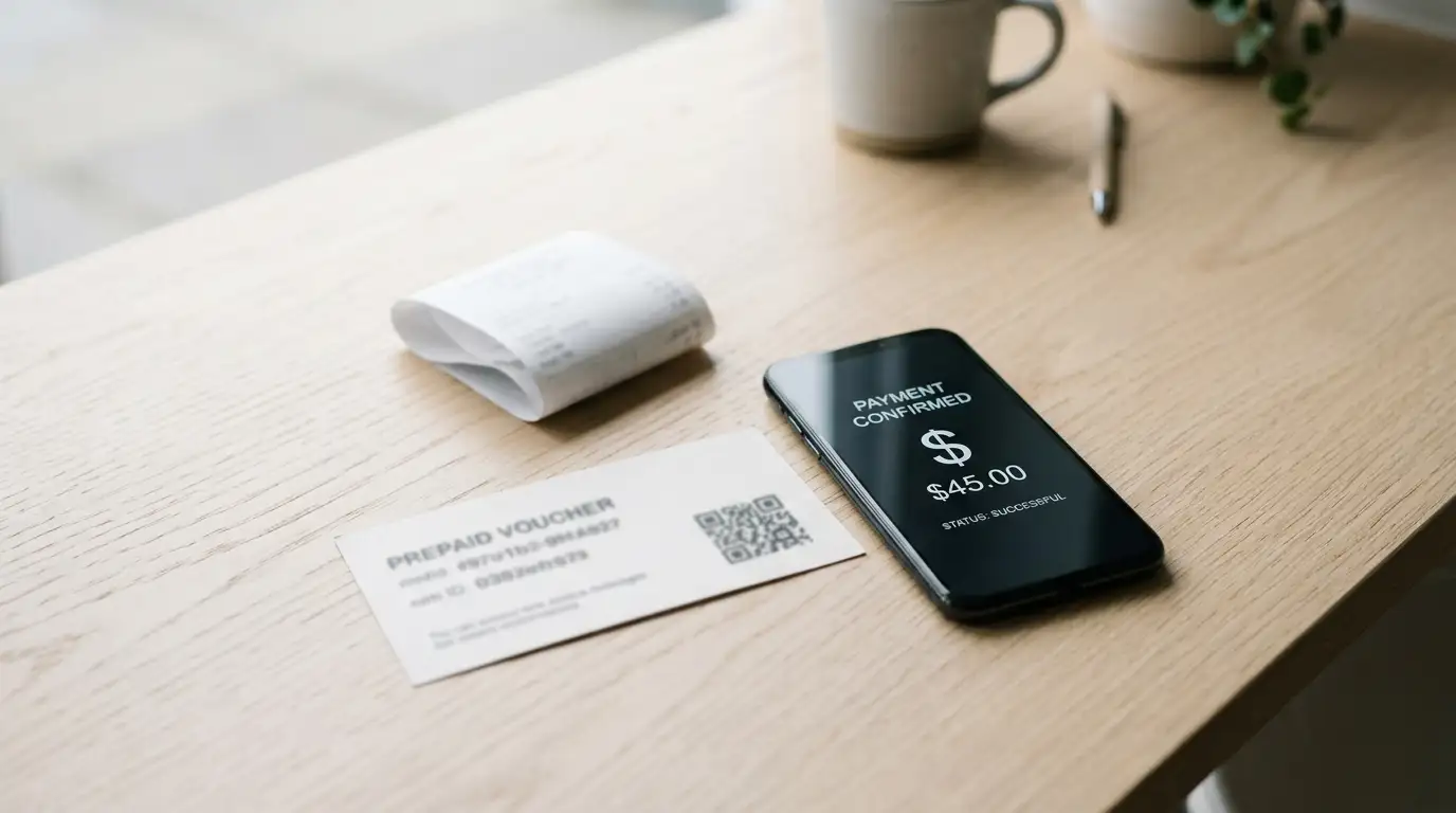 Prepaid voucher and phone showing an instant bank transfer for a low casino deposit