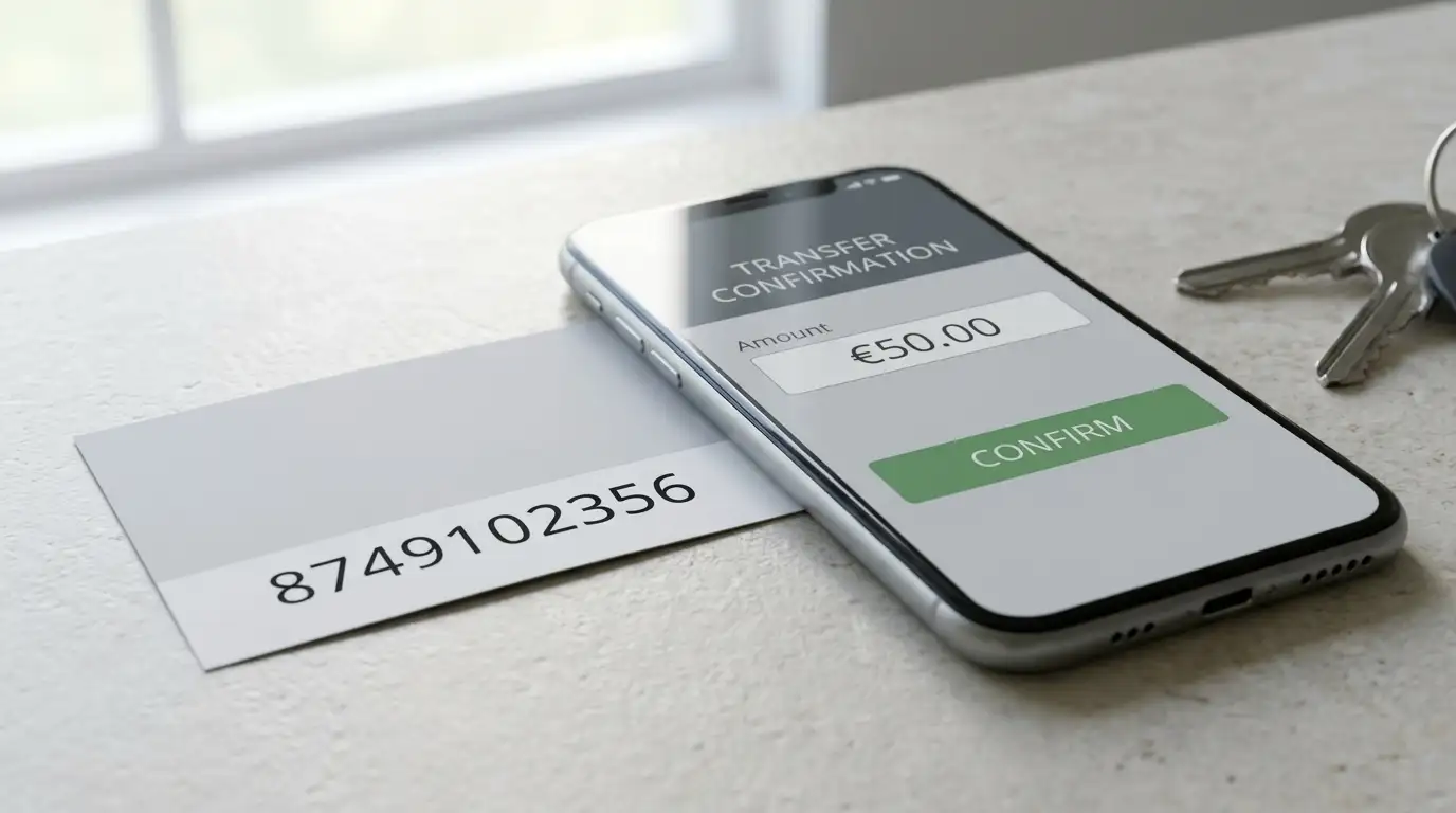 Prepaid voucher slip and a smartphone showing a plain bank transfer screen on a bench