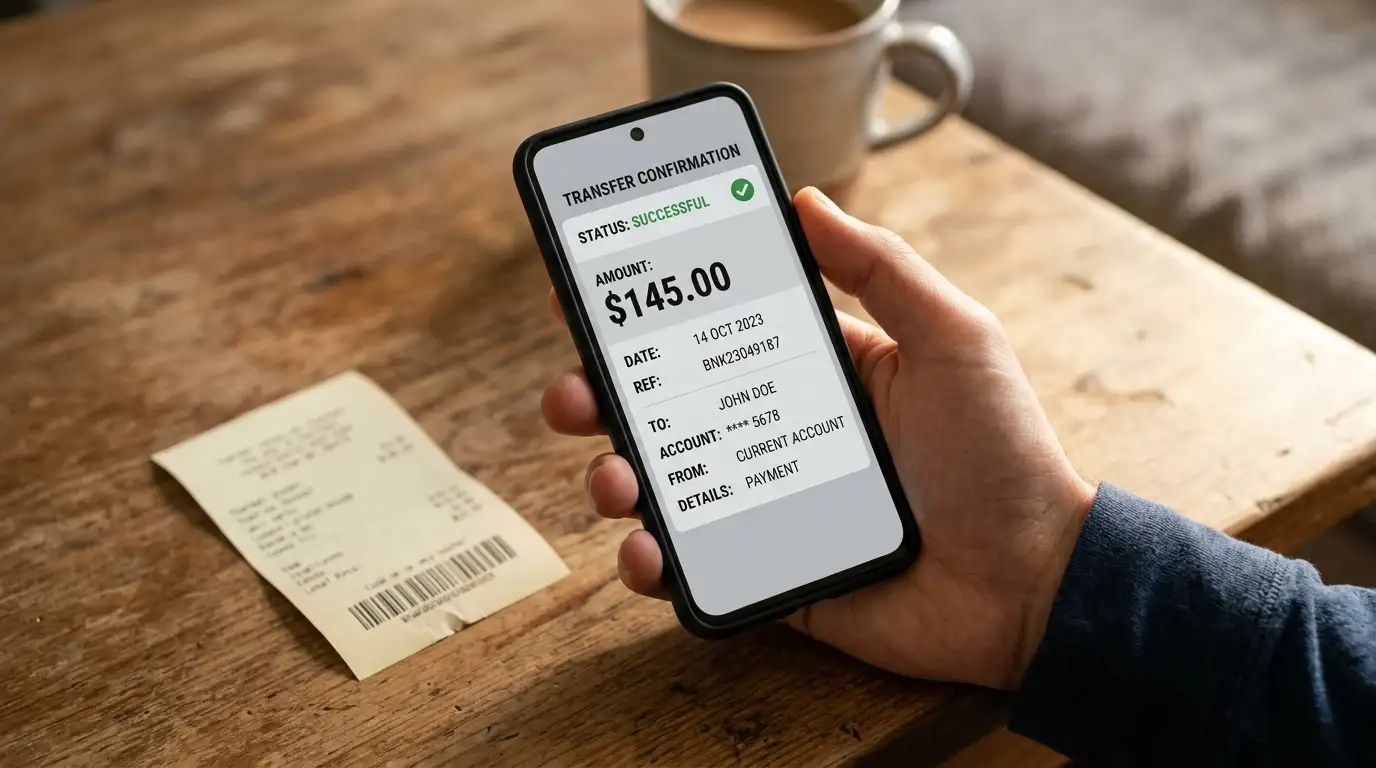 Smartphone banking app open beside a prepaid voucher code for a casino deposit