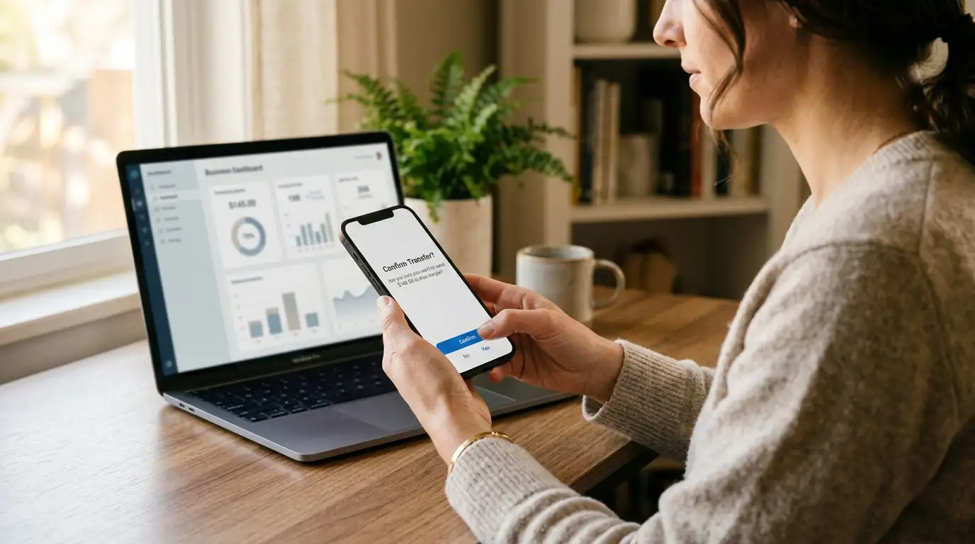 Person confirming an instant bank transfer on a phone in a home office