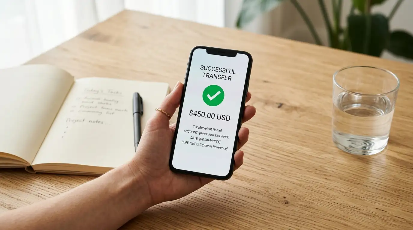 Phone showing a real-time bank transfer confirmation held above a wooden desk