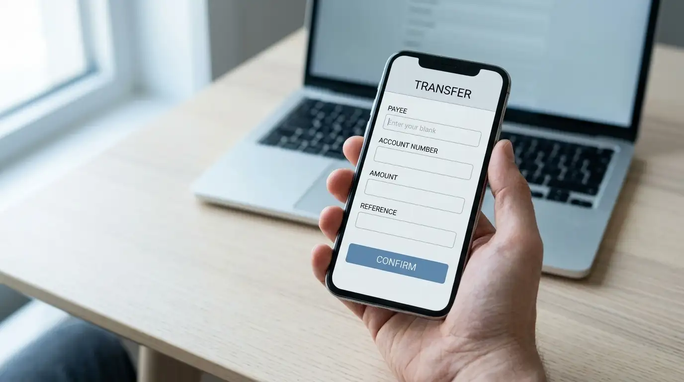 Hand holding a smartphone with a banking app transfer screen open beside a laptop