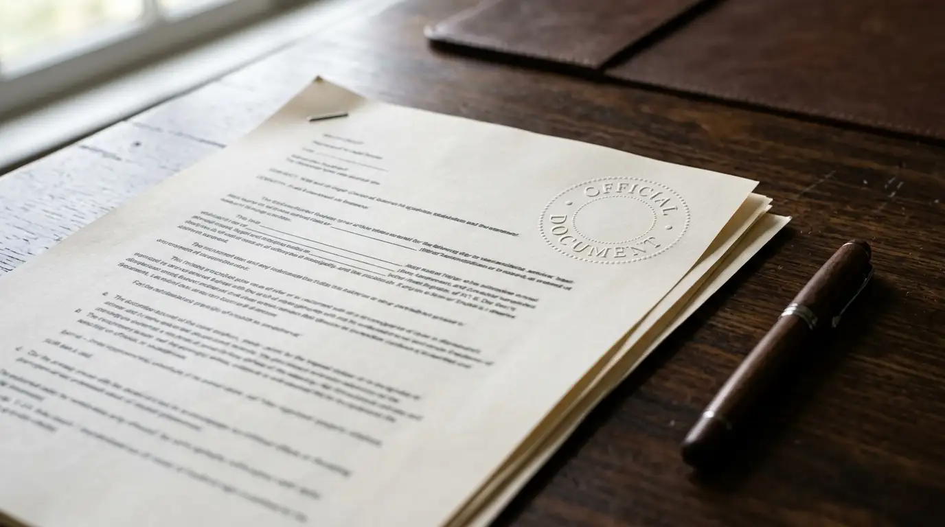 Printed legislation document with an official stamp on a wooden desk in daylight